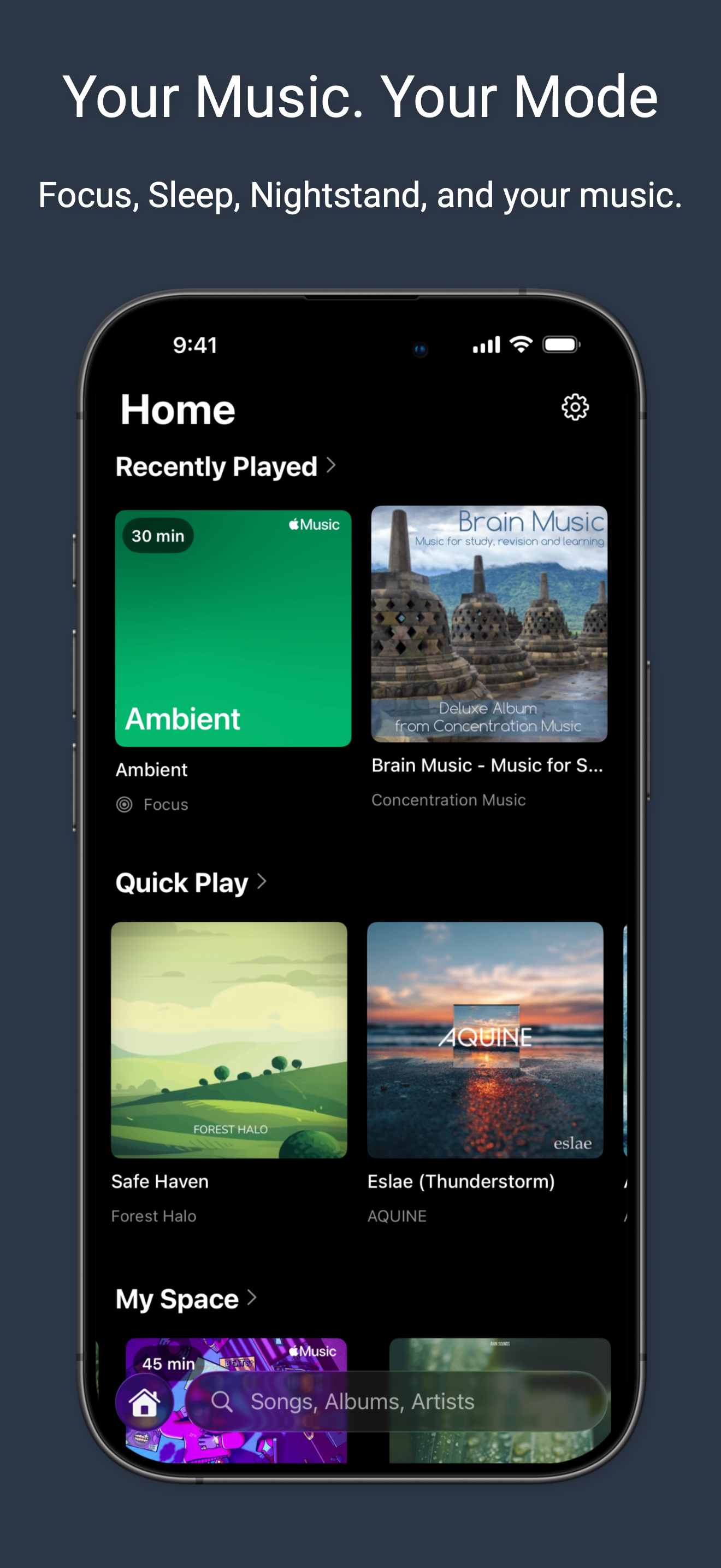 Music Mode — browse charts, library, and playback