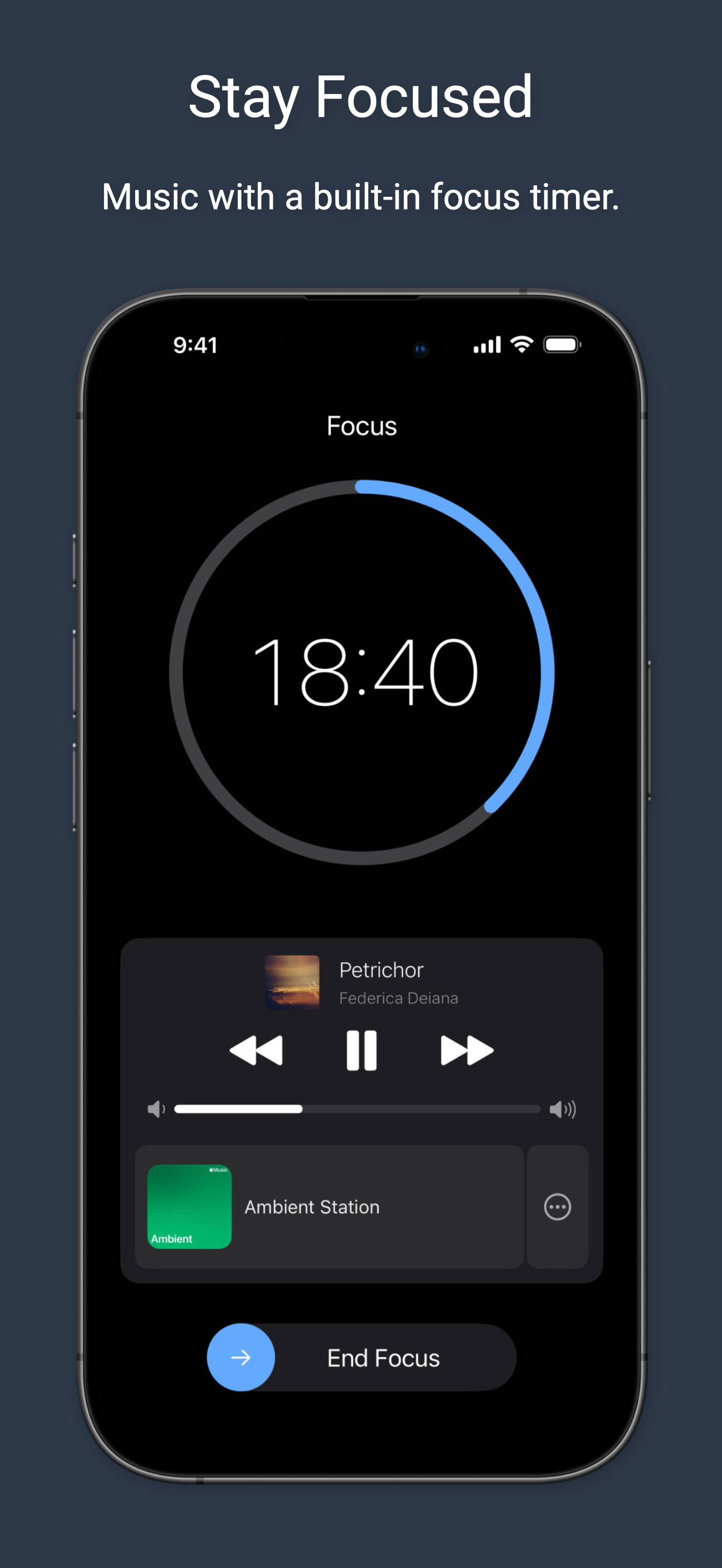 An active Focus session with music and session progress.