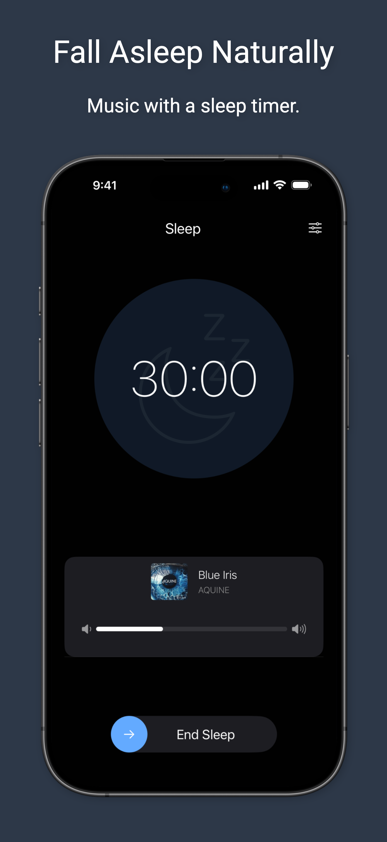 A Sleep session showing the selected music and remaining time.