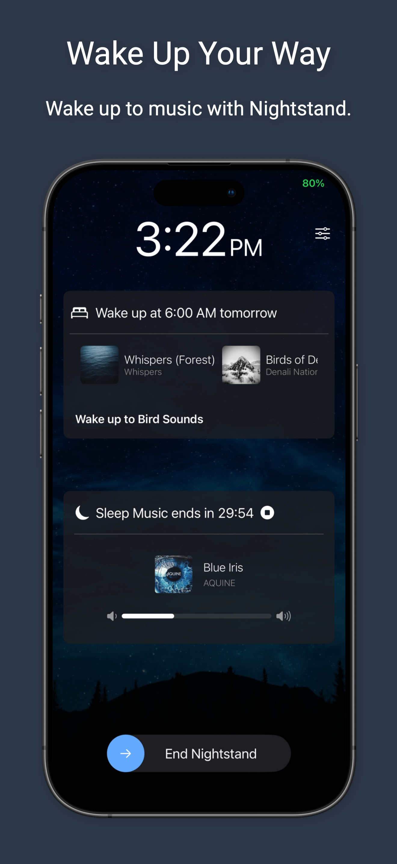 Nightstand with music and a scheduled wake-up time.