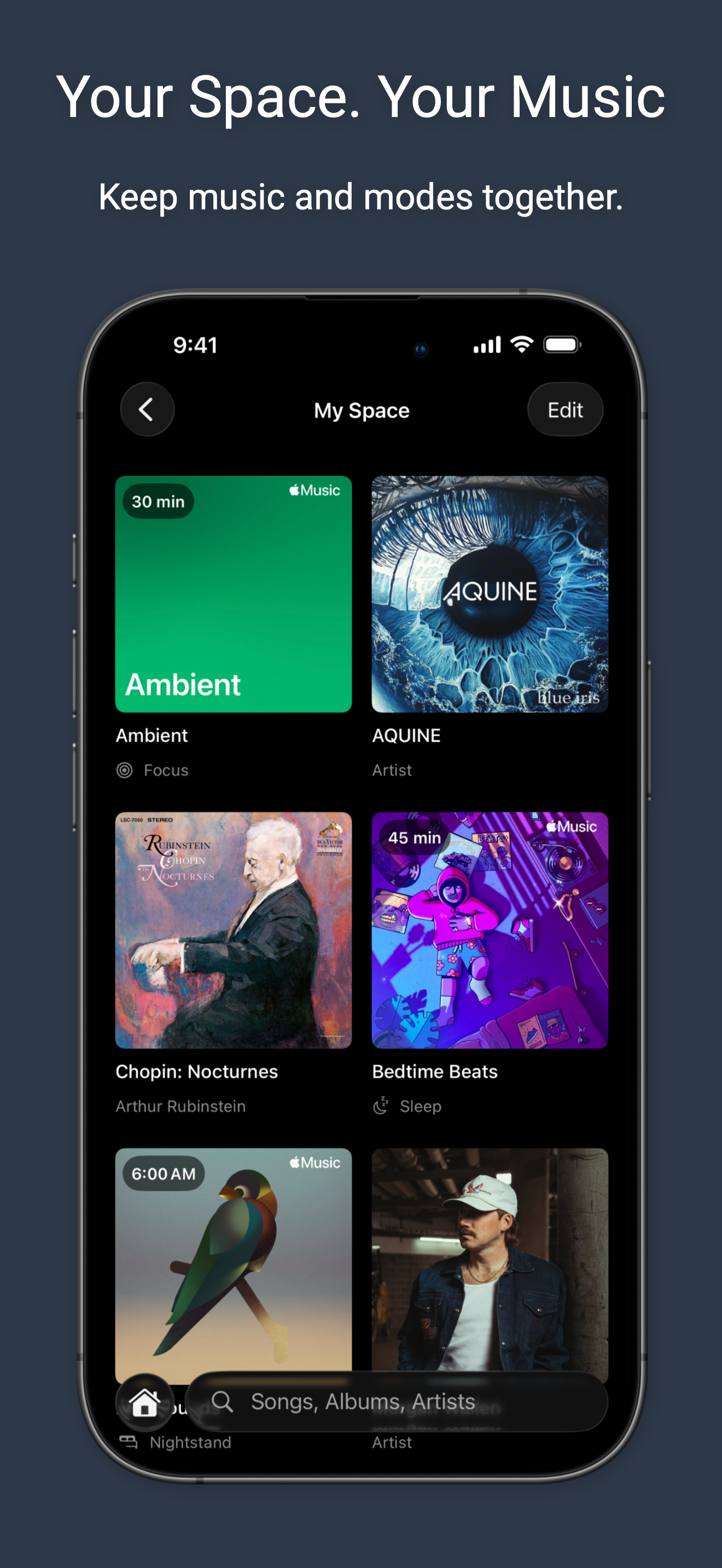 My Space with favorite music and listening modes arranged in a grid.