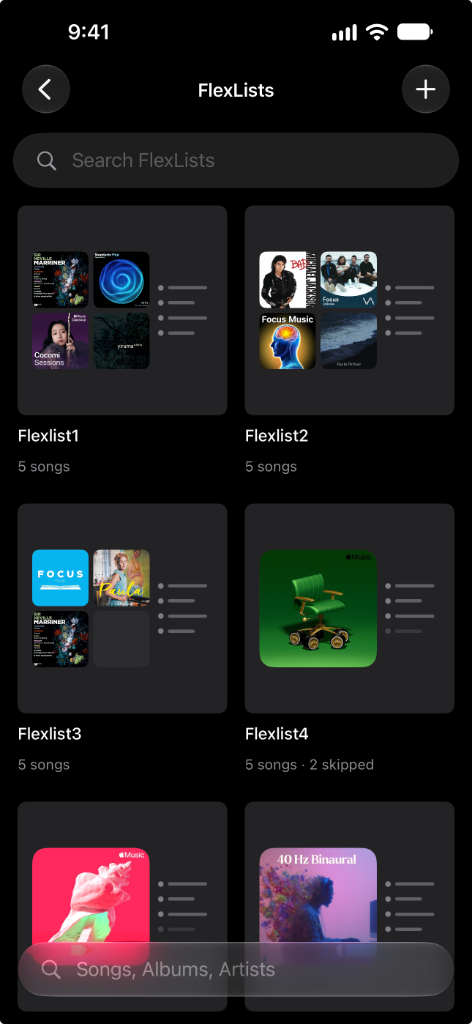 The FlexLists screen with several lists, including one that shows skipped tracks.