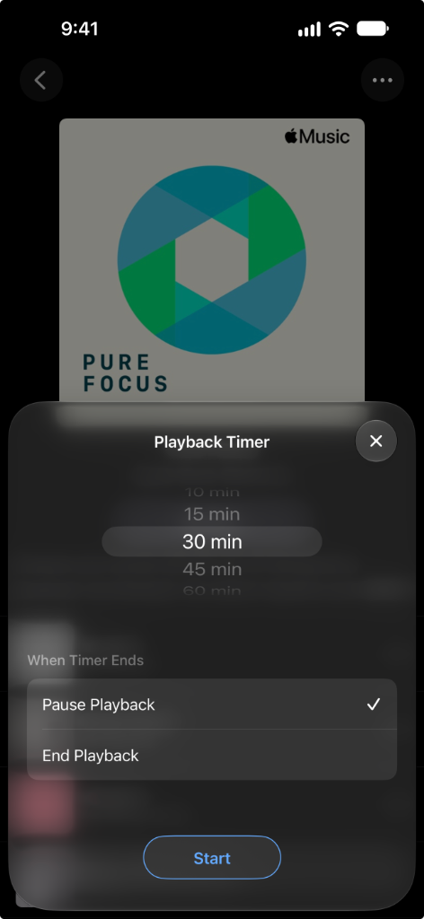 Playback Timer controls for music playing in Music Mode, with a 30 minute option and Pause Playback selected.