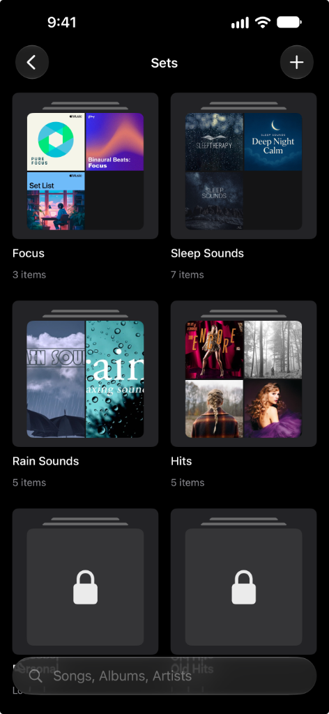 The Sets screen with collections of albums and playlists, including two locked sets.